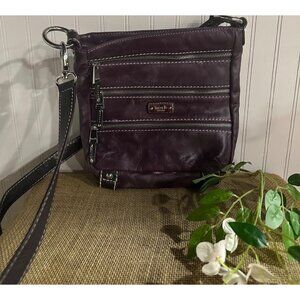Tignanello Purple Faux Leather Crossbody Bag Multi-Zipper Pockets & Floral Cloth
